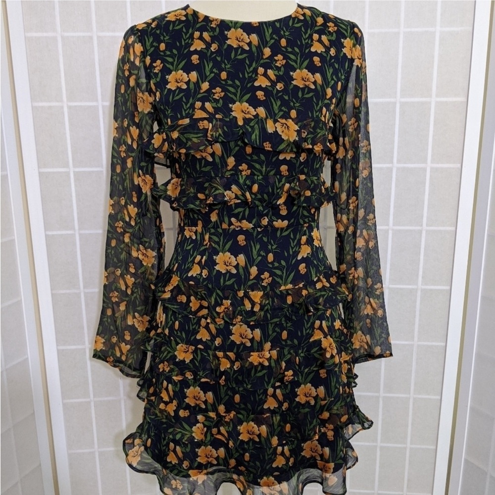 Charming Navy Orange Tiered Ruffled Mini Dress size XS